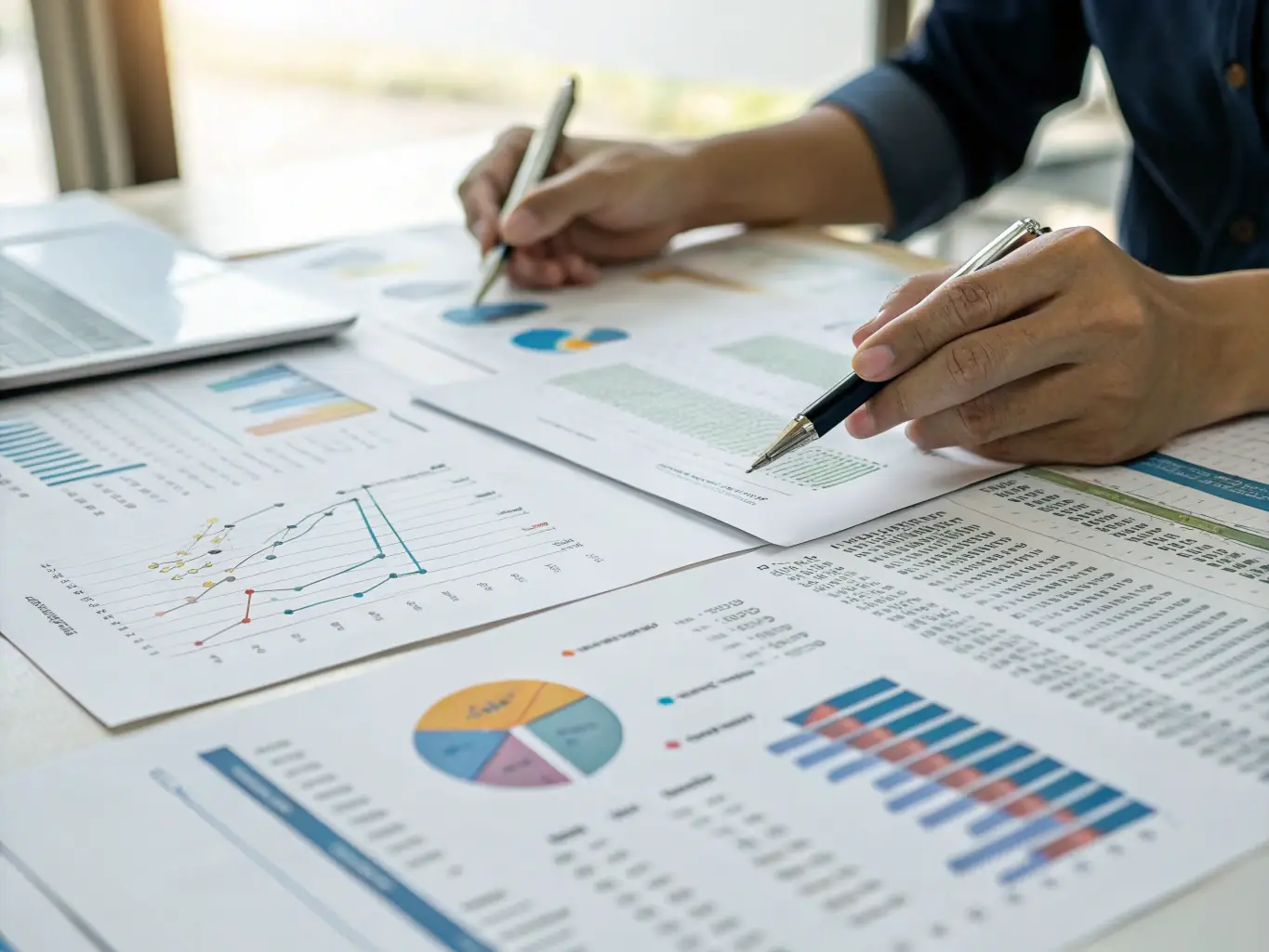 A detailed financial report being analyzed with charts and graphs, highlighting key performance indicators and trends.