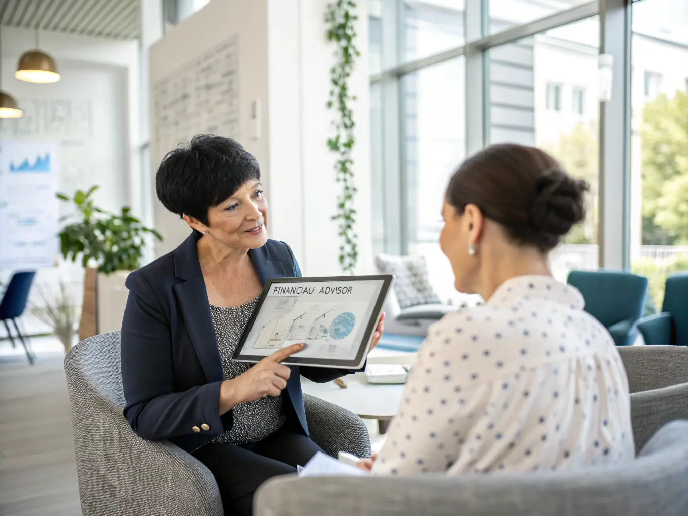An image depicting a consultant presenting a detailed financial report to a client in a well-lit conference room, emphasizing clear communication and expert guidance.