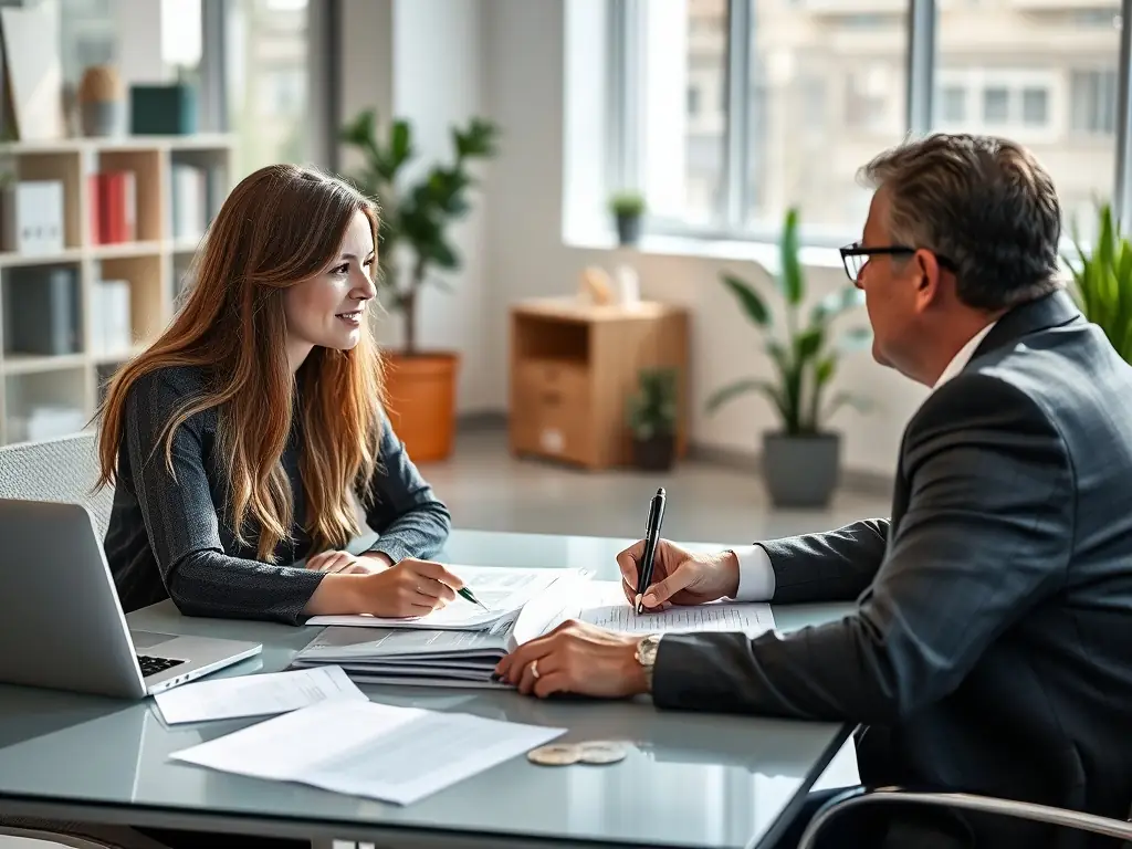 A consultant reviewing financial documents with a client in a modern office setting, emphasizing collaboration and trust.