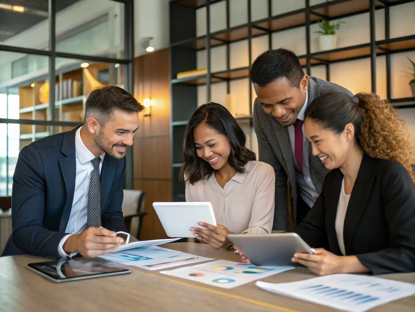 A team of analysts conducting a company assessment in a boardroom, reviewing operational and financial data.